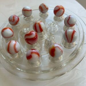 Lot of 12 1920s Akro Agate Red Orange & White Corkscrews Marbles